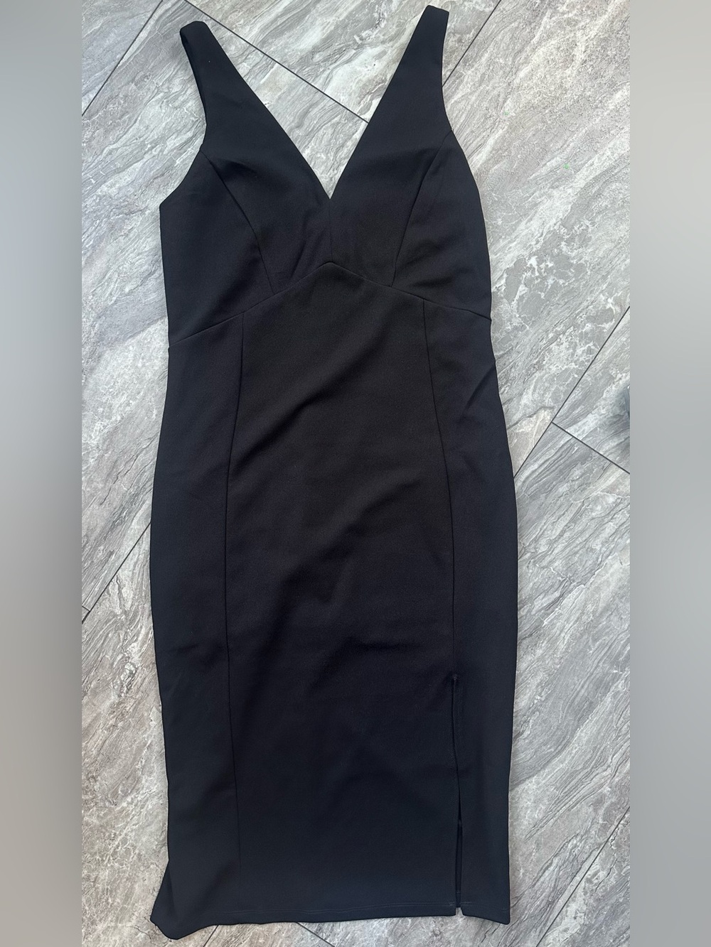 Lulus Black Bodycon Midi‎ Dress Womens M Deep V Neck Slit Cocktail Wedding 0012